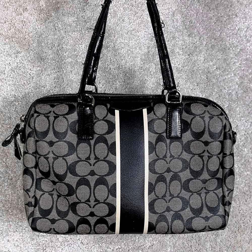 Coach Satchel Handbag Womens Medium Black Signature Canvas Stripe F20562
